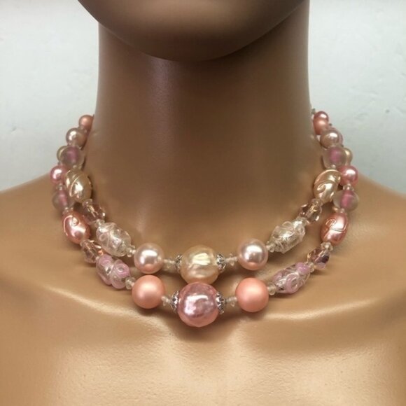 Vintage Japan 2strand pink faux pearl choker - Picture 1 of 10